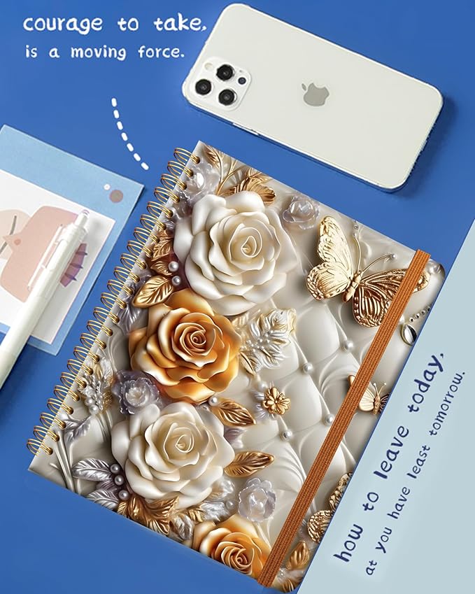 Ruled Spiral Writing Notebook,A5 Hardcover Lined College Journal for Women Lady Girl,Strong Twin-Wire Binding with Premium Paper,8.4" X 6",Perfect for School,Office,Home Gifts(diamond butterfly floral