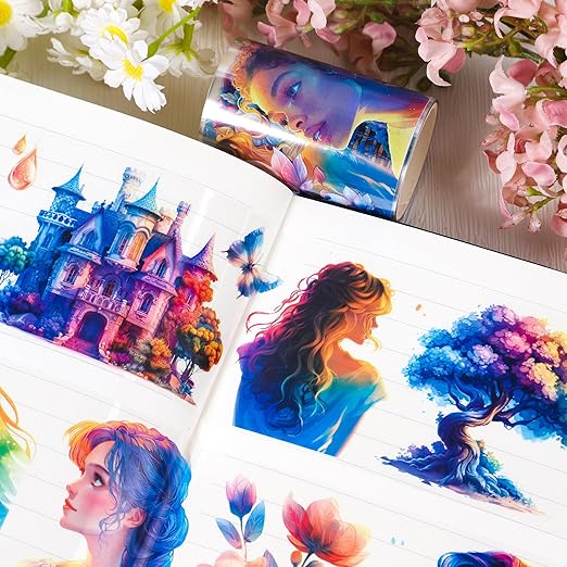 PET Tape for Journal Scrapbooking - Coloful Characters Flower Journal PET Tape Scrapbook Supplies, Scrapbook Notebook Bottle Crafts Décor