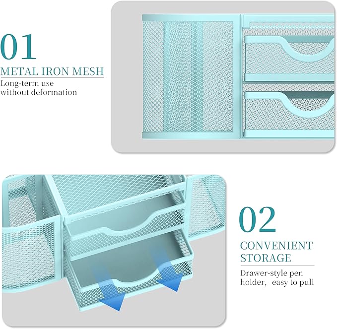 SUPEASY Mesh Desk Organizer, Desk Organizers and Accessories, Pen Holder with Drawers, Pencil Holder for Desk with 2 Drawer for Office Supplies, Blue