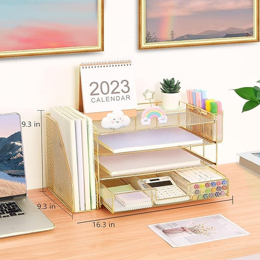 Desk Organizer and Accessories, 4-Tier Desktop File Organizer with Drawer and 2 Pen Holders, Office Desk Accessories for Office Supplies(Gold)