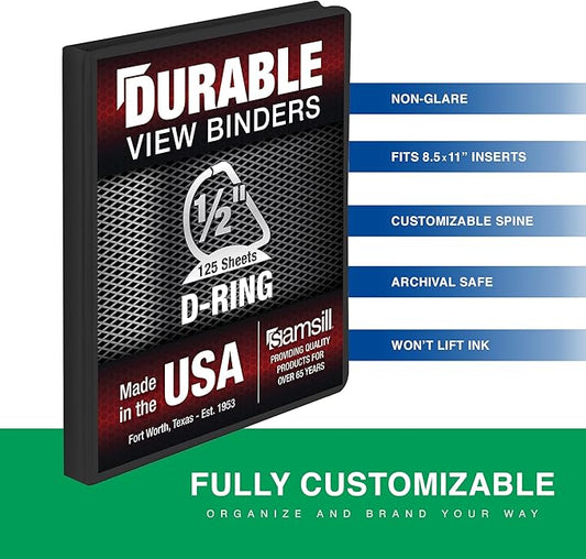 Samsill Durable 0.5 Inch Binder, Made in The USA, D Ring Binder, Customizable Clear View Cover, Charcoal Black, Holds 125 Pages
