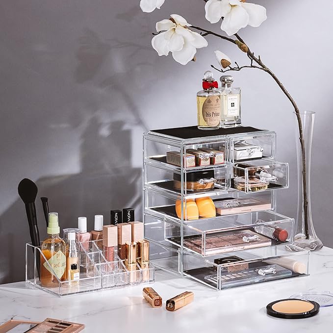 Sorbus Acrylic Makeup Organizer Set, 7-Drawer Vanity & Countertop Cosmetic Storage with Small & Wide Compartments, Clear Makeup Storage for Brushes, Lipsticks, Jewelry – Holiday Gift for Women & Teens