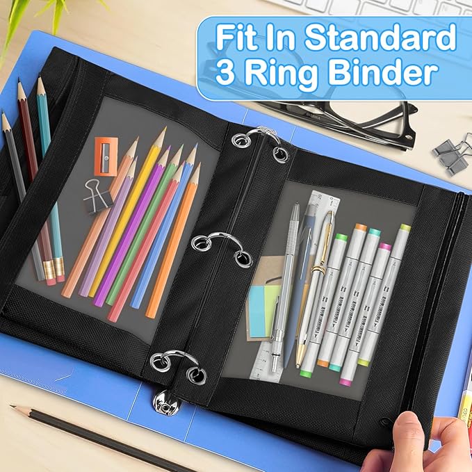 72 PCS Pencil Pouch for 3 Ring Binder, Durable 3 Ring Black Pencil Pouches with Clear Window, Binder Pencil Pouch Bulk for Classroom Office School Supplies