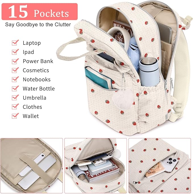 School Backpack for Girls Laptop Bookbag: Casual Corduroy Women Backpacks with USB Charging Port TSA Friendly Travel Back Pack with Anti-Theft Pockets Cute College Daypack for Teen Students Strawberry