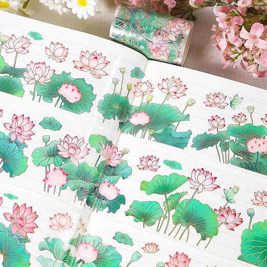 PET Tape for Journal Scrapbooking - Green Pink Lotus Journal PET Tape Scrapbook Supplies, Scrapbook Notebook Bottle Crafts Décor