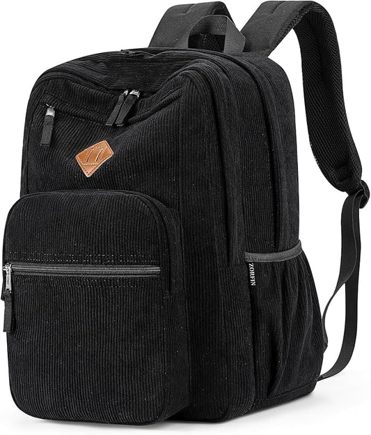 ZORFIN 26L Backpack for School, College, and Travel: Corduroy Bookbag with 8 Compartments - Black