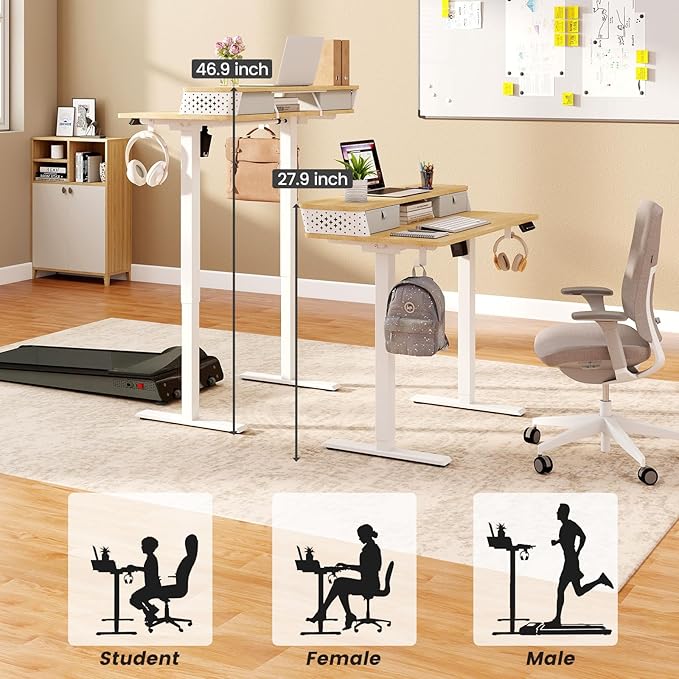 Small Standing Desk with Drawers and Brushless Motor,Electric Sit Stand Desk for Walking Pad,Ergonomic Stand Up Desk for Home Office & Gaming,3 Memory Height Preset & Hooks(35" x 20", Oak)