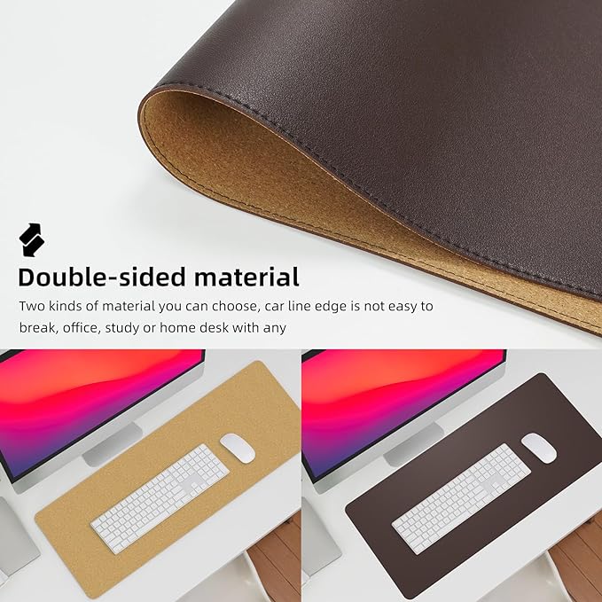 Leather Double-Sided Desk Pad - Large Mouse Pad,Desk mat & Waterproof Blotter for Office & Home (Coffee 23.6in*13in)