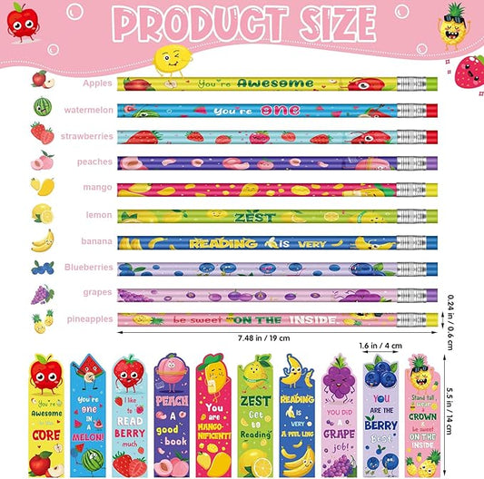 Ctosree 60 Sets Inspirational Pencils and Fruit Scented Bookmark Sets Positive Graphite Pencils Bulk Scratch and Sniff Book Marks Motivational Gifts for Kids Students Classroom Prizes Party Favors
