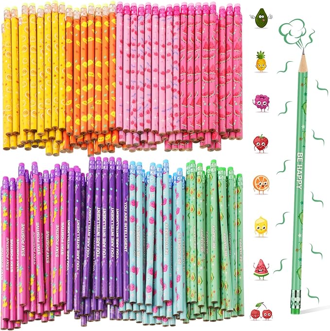 Leinuosen 200 Pcs Scented Pencils Bulk for Kids Inspirational Cute Fun Wood Smelly Pencils with Erasers Fruit Elements for School Classroom Office Students