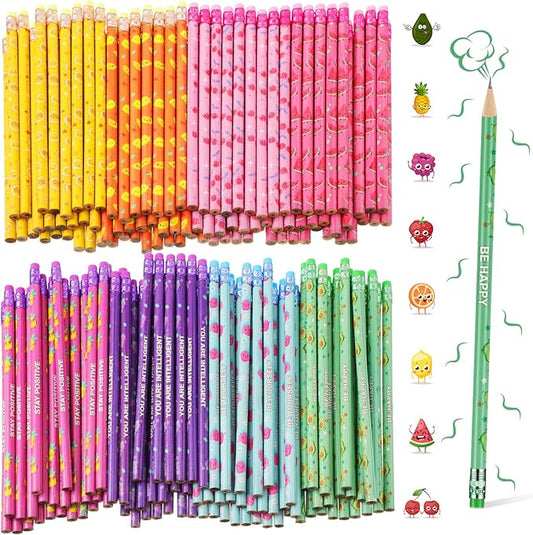 Leinuosen 200 Pcs Scented Pencils for Kids Cute Motivational Colorful Fun Wood HB Pencils Bulk with Erasers Fruit Elements for School Office Classroom Student