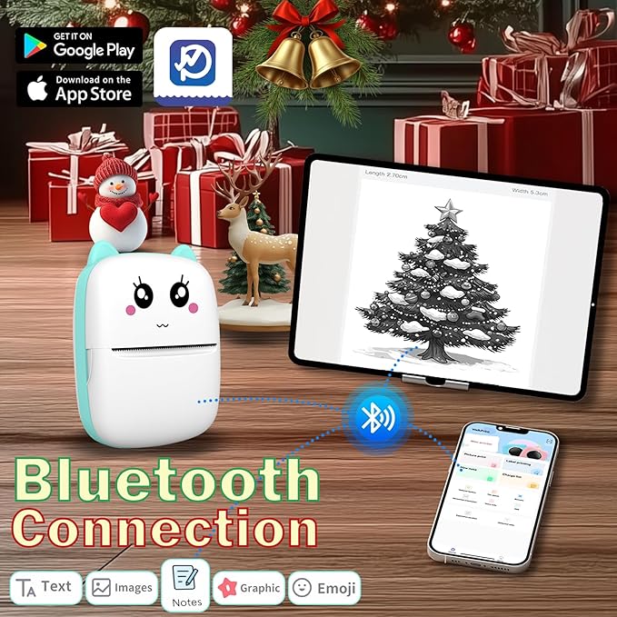 Mini Sticker Printer, Pocket Thermal Sticker Printer Machine, Thermal Bluetooth Sticker Maker with 11 Rolls Paper, Portable Receipt foe Study Notes, Memo, List, Work Plan, Gift (Blue)