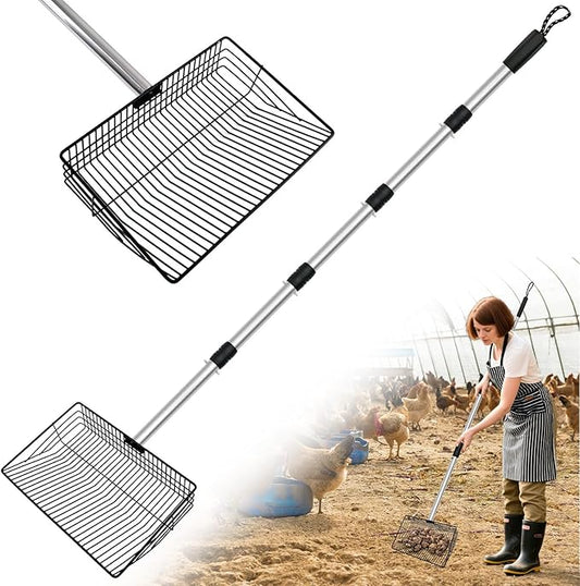 Chicken Poop Scooper, 10inch Large Chicken Coop Scooper for Sand with 32 to 67" Adjustable Stainless Steel Handle, Chicken Coop Scoop Metal Sifting Shovel for Chicken Coops & Small Farm Animals