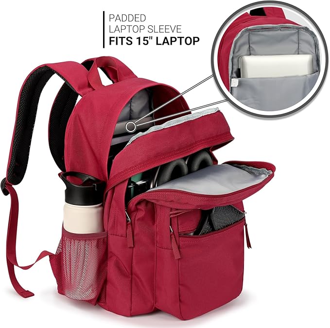 ZORFIN 26L Backpack for School, College, and Travel: Water Resistant Bookbag with 8 Compartments - Russet Red