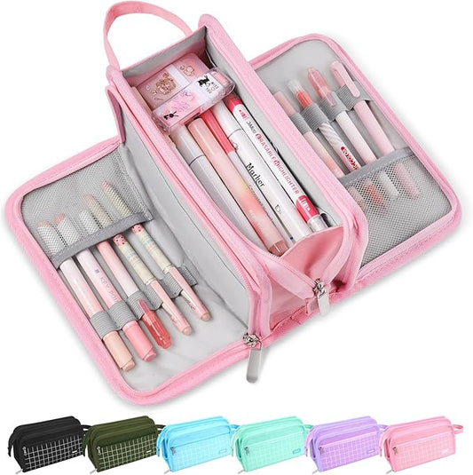 Sooez Large Pencil Case, Big Capacity Pencil Pouch Pen Bag with 3 Compartment, Portable Canvas Stationery Organizer with Zipper, Cute Aesthetic School Supplies for Teen Girls College, Pink with Plaid