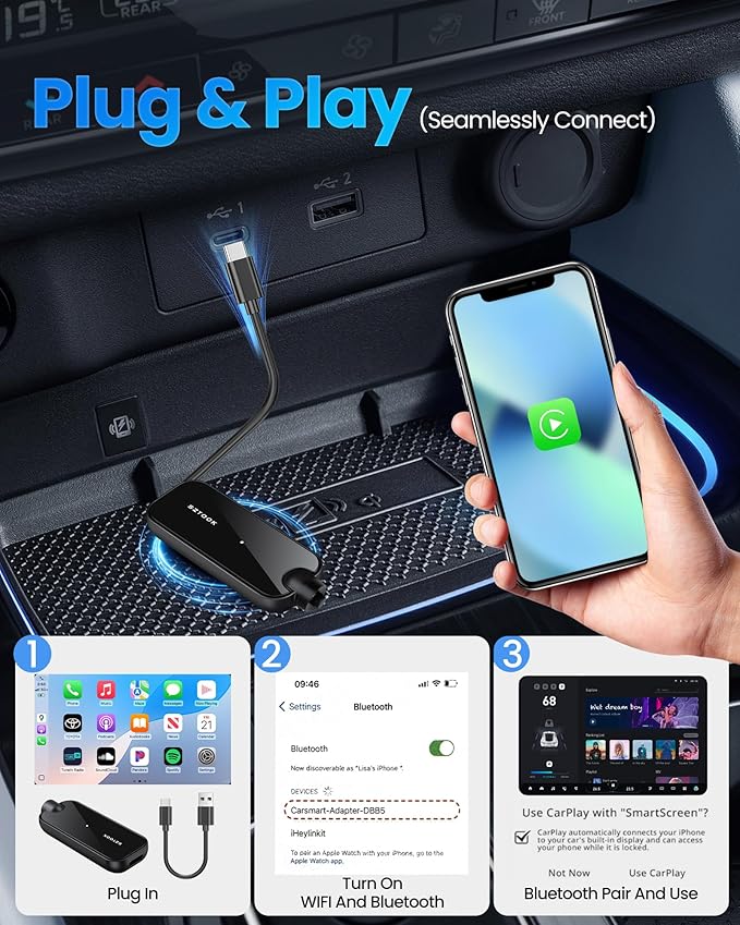 Wireless Carplay Adapter Upgraded Model adds Emergency Escape Window Breaker Function for Apple iPhone iOS 10+ & Cars from 2016+, Auto-Connect Stable Control & No Latency