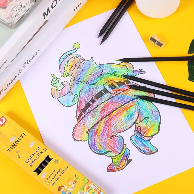 TINNIVI Art Supplies for Kids and Adults, 7 Color in 1 Black Wooden Rainbow Colored Pencils Pre-sharpened, with Sharpener, for Coloring Books, Easter Basket Stuffers, Drawing, Sketching (12pcs)