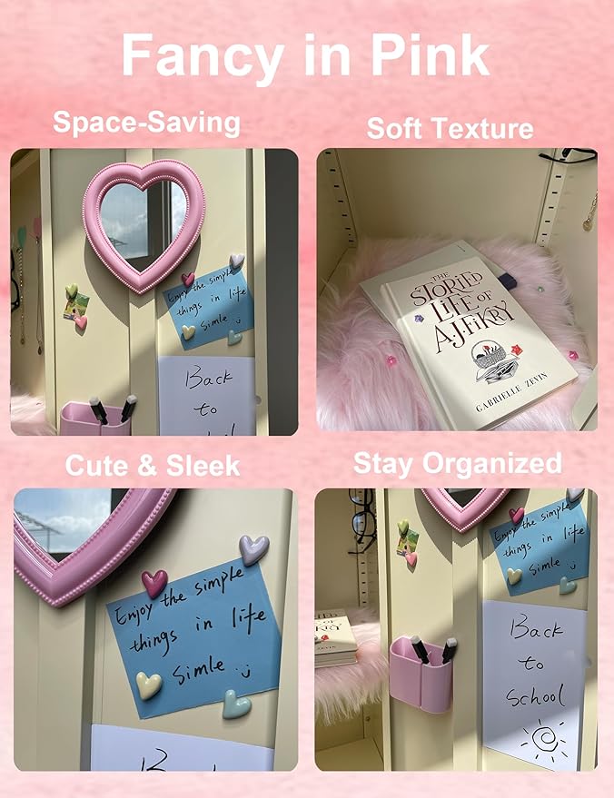 Pink Locker Accessories Kit for Girls with Haert Locker Mirror, Pen Holder, Magnetic Whiteboard, Rug, Magnets, 12 Piece Locker Organizer & Decorations for School Work Locker, Back to School Essentials