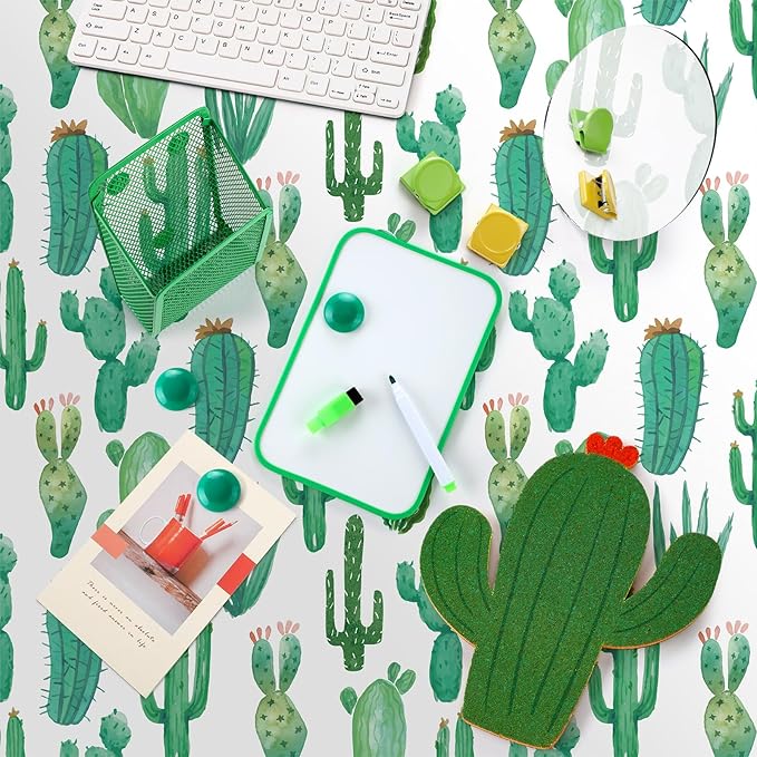 Harloon 15 Pcs Locker Decoration and Organizer Kit Locker Wallpaper Magnetic Pen Holder and Mirror Whiteboard Marker Cork Board with 3 Push Pins 3 Magnetic Clip 6 Magnets(Cactus)