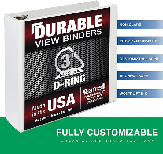 Samsill Durable 3 Inch Binder, Made in The USA, D Ring Binder, Customizable Clear View Cover, Pearl White, Holds 625 Pages