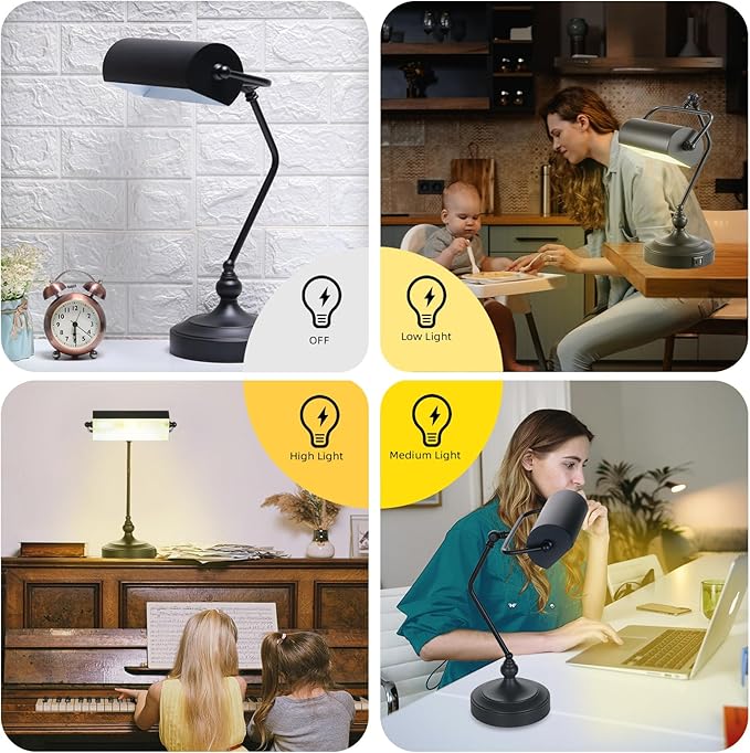 CONCA Classic Antique Touch Adjustable LED Desk & Piano Lamp with Eye Protection - Black (Bulb Included)