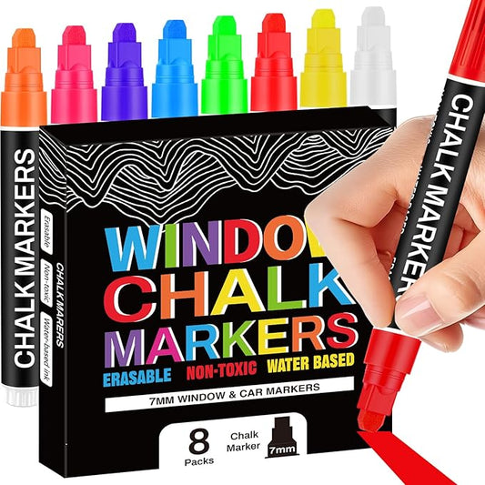 Liquid Chalk Markers for Blackboard, Jumbo Window Markers Liquid Chalk Pen with 7mm Thick Wide Tip for Car Glass Poster Sign, Stocking Stuffers for Women Kids Teens Boys Girls Art Supplies, 8 Pack