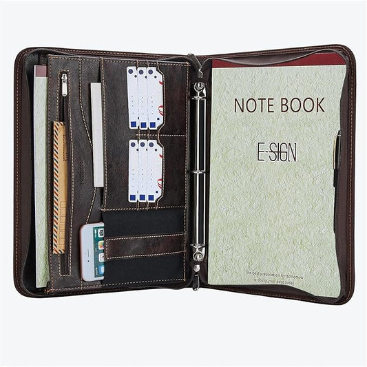IVESIGN Zippered Padfolio Binder, Faux Leather Organizer with 3-Ring Binder, Left-Handed Design, Business Card Slots & Document Folders - Professional Padfolio for Office (Dark Brown)
