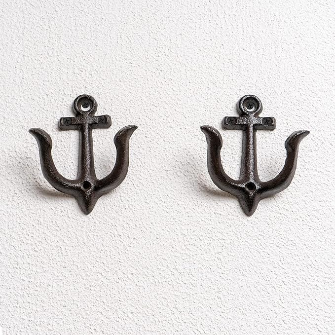 Notakia Decorative Wall Hooks Mounted Antique Shabby Chic Metal Cast Iron Nautical Anchor Design Hooks Hanger, Vintage Rustic Cast Iron Wall Hooks,Screws Included (Brown Anchor 4Pcs)