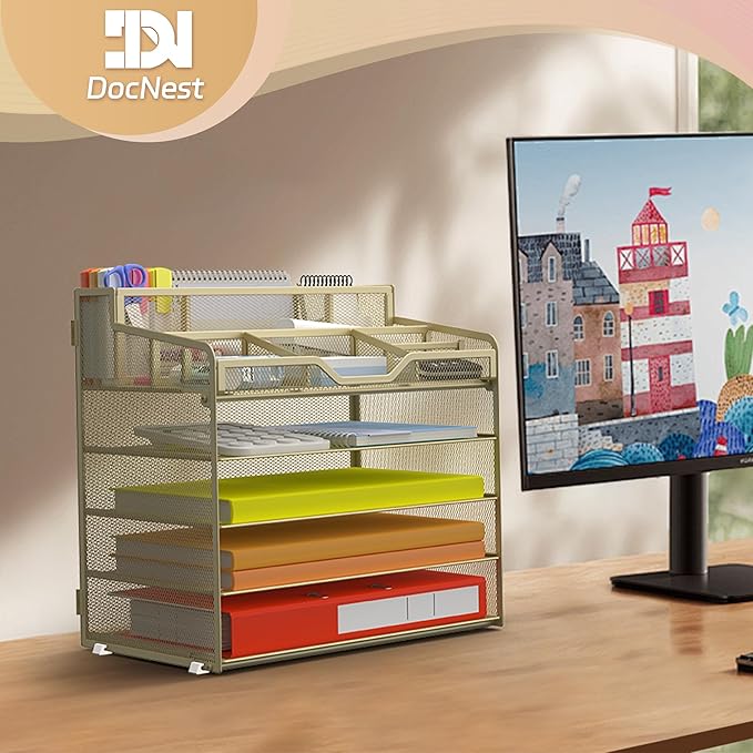 Docnest 5 Tier Mesh Desk Organizer for Paper Office Supplies – Multi-Functional Letter Tray with 5 Adjustable Compartments, 3 Pen Holders, Desktop Storage for Files, Mail, Stationery – Gold Yellow