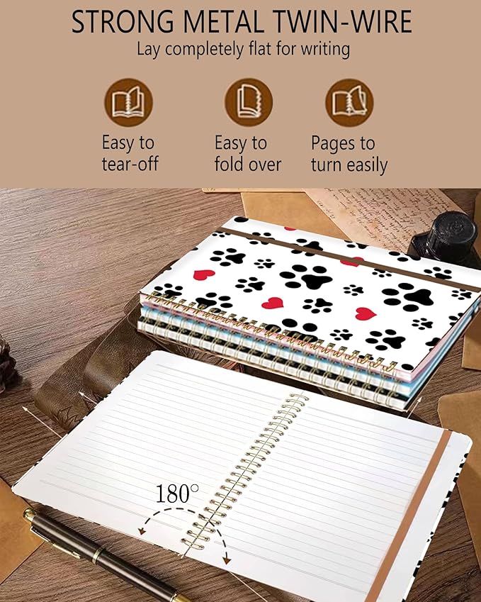 Spiral Journal Notebook, A5 Cute Notebooks for Women Men, College Ruled Hardcover Notebook for Work & Note Taking, 60 Pages Double-Wire Journals for Writing, White Cute Dog Paws