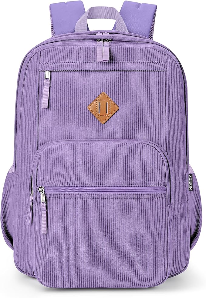 ZORFIN 26L Backpack for School, College, and Travel: Corduroy Bookbag with 8 Compartments - Deep Purple