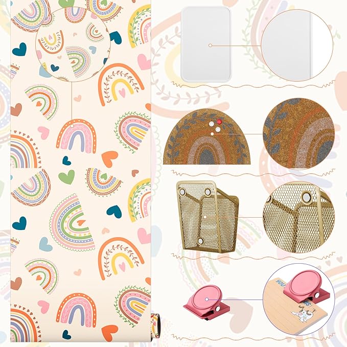 Harloon 15 Pcs Locker Decoration and Organizer Kit Locker Wallpaper Magnetic Pen Holder and Mirror Whiteboard Marker Cork Board with 3 Push Pins 3 Magnetic Clip 6 Magnets(Bohemian Love Rainbow)