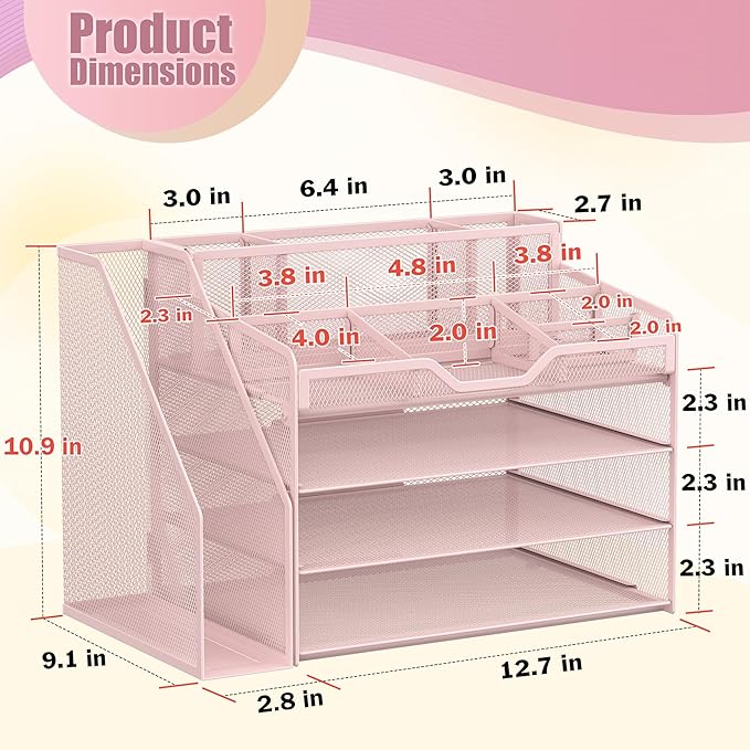 Docnest 4 Tier Mesh Desk Organizer with File Holder – Multi-Functional Paper Letter Tray with 5 Adjustable Compartments, 3 Pen Holders, Desktop Storage for Files, Mail, Stationery – Pink