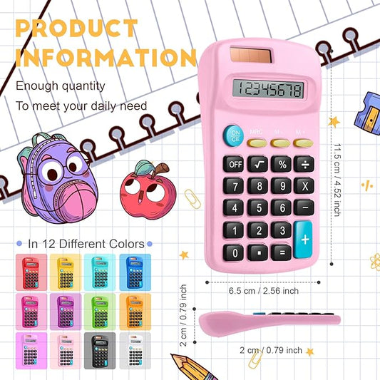 12 Packs Pocket Size Mini Calculator Basic Calculators for Handheld Angled Students 8 Digit Display Solar Battery Dual Power Small Calculator for Students Kids Home Office (12 Colors)