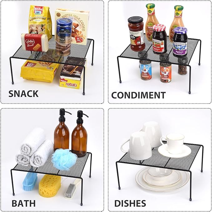 Set of 4 Mesh Kitchen Shelves Cabinet Storage Shelf Rack (13.1 x 10.2 Inch) ，Kitchen Bathroom Pantry Cupboard Desk Home Office, Fridge, Non-Slip Plastic Feet (4, Black)