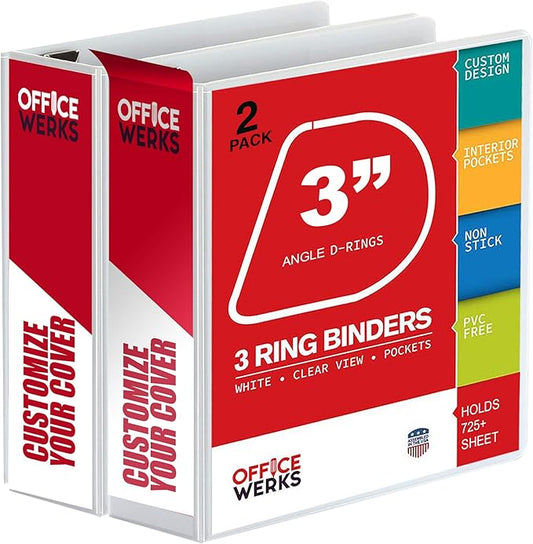 3 Ring Binder, 2 Pack of 3 Inch D Ring Binders, 8.5" x 11" Presentation Folder View Binder with Pockets, Durable Non-Stick Customizable Clear View Cover for Documents, Files, Projects (White)