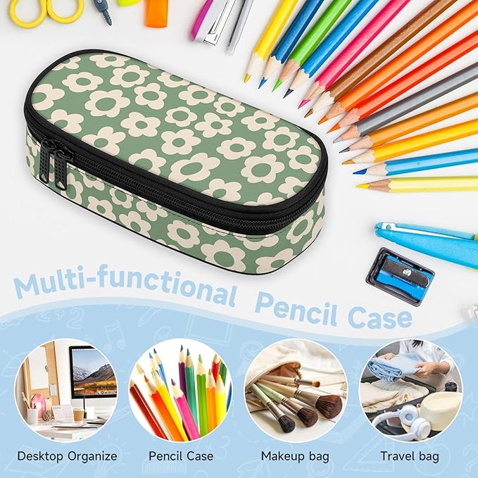 Vintage Groovy Flowers Large Pencil Pouch Big Capacity Cute Pencil Case for Girls Boys Teen Women Men Adult, Portable Kids Pencil Bag with Zipper, Stationery Storage Pen Bag for School Supplies Office
