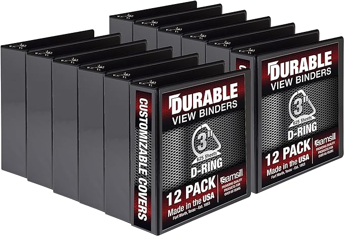 Samsill Durable 3 inch 3 Ring Binder, Made in USA, D Ring Binder, FSC 100% Recycled Chipboard, Black, 12 Pack