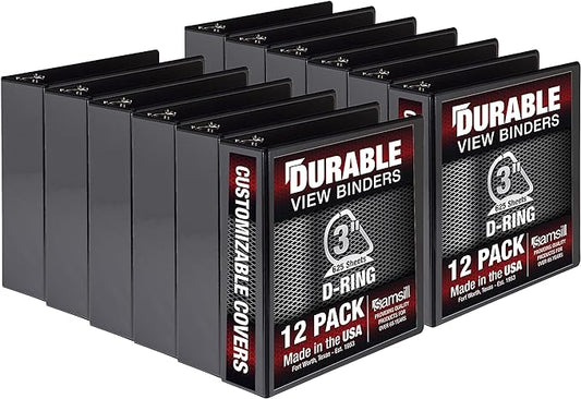Samsill Durable 3 inch 3 Ring Binder, Made in USA, D Ring Binder, FSC 100% Recycled Chipboard, Black, 12 Pack