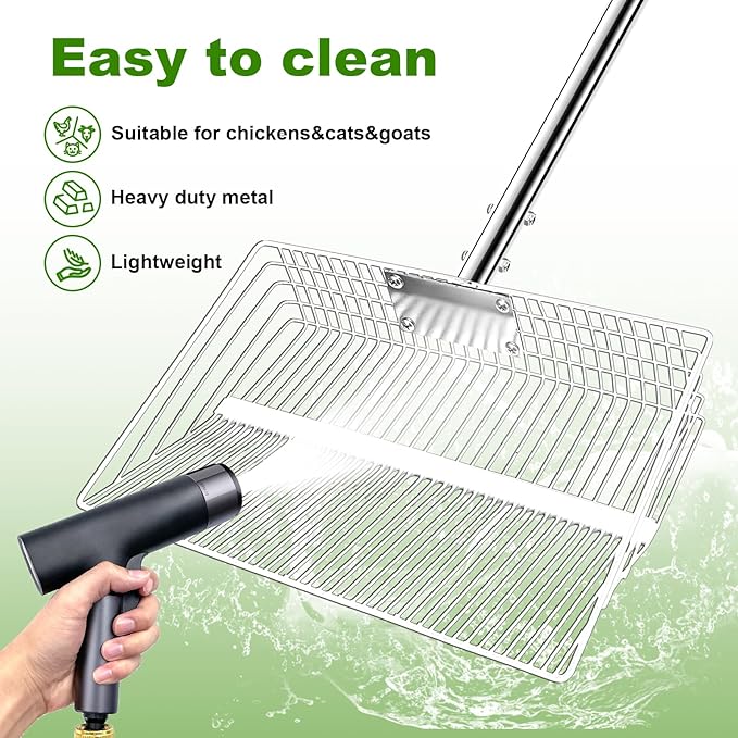 12inch Large Chicken Poop Scooper, 2 Widths of Slots Chicken Coop Litter Scoop with Stainless Steel Handle - 23" to 66", 4 in 1 Litter Sifting Shovel，Heavy Duty Chicken Coop Accessories