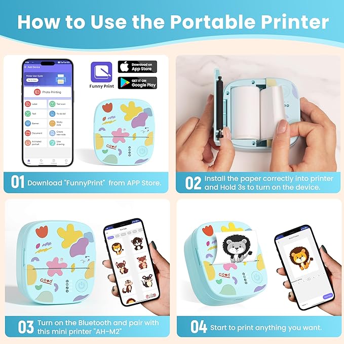Mini Portable Sticker Printer, Mini Thermal Printer with 3 Rolls Paper, Bluetooth Inkless Printpods, Pocket Label Maker Suitable for Creative DIY, Diaries, Photos, Study Notes - Blue