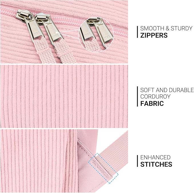 ZORFIN 26L Backpack for School, College, and Travel: Corduroy Bookbag with 8 Compartments - Light Pink