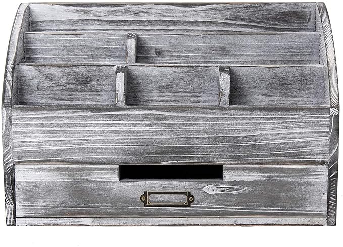 VERGOODR Rustic Wooden Office Desk Organizer 5 Compartment with 2 Drawer &Counter Home Tabletop Desktop Jewelry Mail Rack Storage Box for Pens Notebooks Folders Pencils (Grey white)