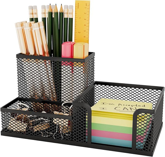 Mesh Pen Holder for Desk 3 Compartment Desk Organizer for Pens Pencils Sticky Notes Office Accessories