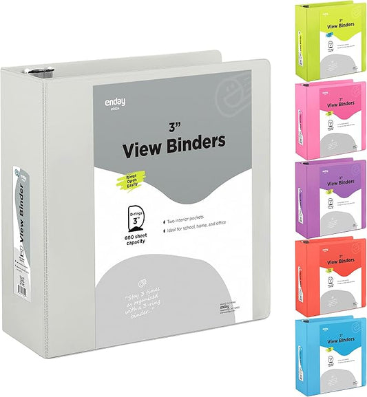 3 Slant D-Ring Binder 3 Inch Grey, 3 in Clear View Cover with 2 Inside Pockets Binder, Heavy Duty Colored School Supplies Binders,Also Available in Green, Red, Purple, Blue, Pink (24 PC) – by Enday