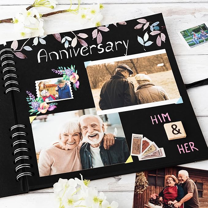 Bstorify 10 x 10 Inches Scrapbook Album 70 Pages Black Thick Kraft Paper Corner Protectors, Ribbon Closure - Ideal for Your Scrapbooking, Art & Craft Projects (Black, 10 x 10 Inch)