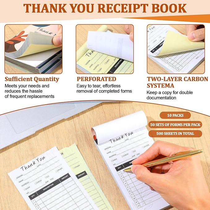 10 Pack Boho Thank You Receipt Book for Small Businesses 2-Ply Carbonless 50 Sets of Forms Per Book Aesthetic and Easy to Use Receipt Pad Invoice Book Business Supplies with Easy Tear-Out 5.5 x 3.3 In