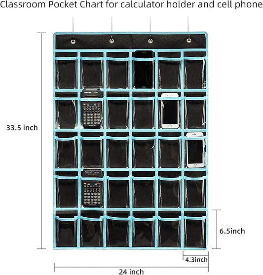 KEEPJOY Classroom Pocket Chart Organizer,Cell Phones Calculator Holder for Classroom with 30 Clear Pockets and Number Sticker Size 33.5x 24.5 Inch (2pack-black)