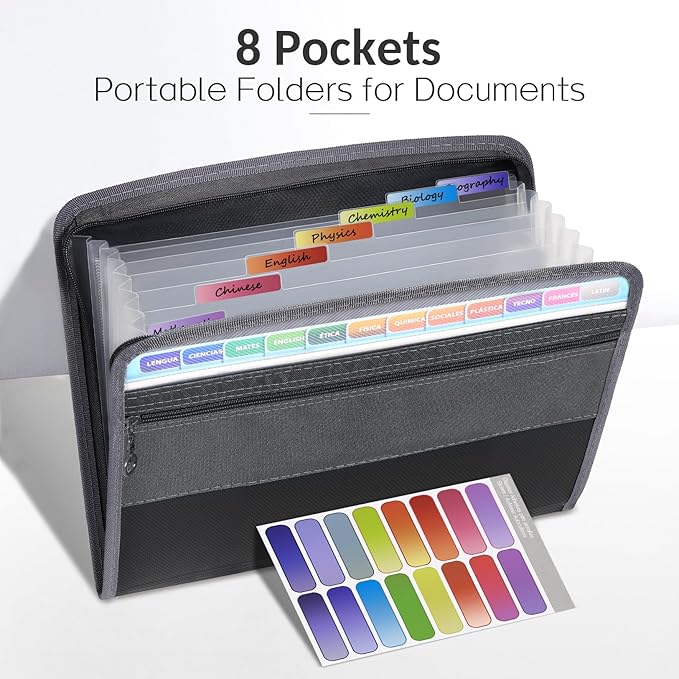 Sooez Accordion File Organizer with Safe Zipper, 8 Pocket Expanding File Folder with Front Pencil Pouch, Portable Monthly Paper Bill Tax Receipt Organizer, School Office Supplies, Letter Size, Grey