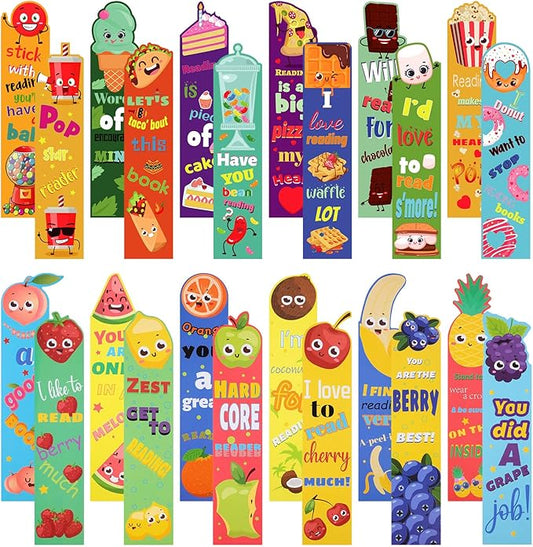 Geyee 72 Pcs Fruit Scented Bookmarks Scratch and Sniff Bookmarks Fun Classroom Smelly Bulk for Kids Students Teens School, 24 Styles